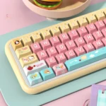 Close-up views of the playful Pochacco Hello Kitty PBT dye-sub keycaps set, highlighting the charming characters and durable legends from various angles.