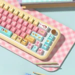 Pochacco Hello Kitty PBT dye-sub keycaps set from various angles, showing durable PBT and vibrant dye-sub legends on a playful theme.