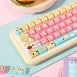 Charming Pochacco and Hello Kitty PBT dye-sub keycaps set, highlighting durable legends from multiple playful angles.