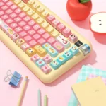 Playful gallery of Pochacco Hello Kitty PBT dye-sub keycaps set, showing various angles that highlight the charming character designs and durable design.