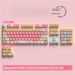 Pochacco Hello Kitty PBT dye-sub keycaps set, shown from multiple angles, emphasizing durable quality and charming character art, perfect for fans.