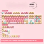 Delightful Pochacco PBT dye-sub keycaps set, 129 original height with unique side-printed, translucent legends, perfect for backlit keyboards.