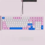 POCO Fresh Blue Pink PBT Dye-Sub Keycaps Set showcased from various angles, emphasizing the clean, minimalist aesthetic and vibrant color scheme.