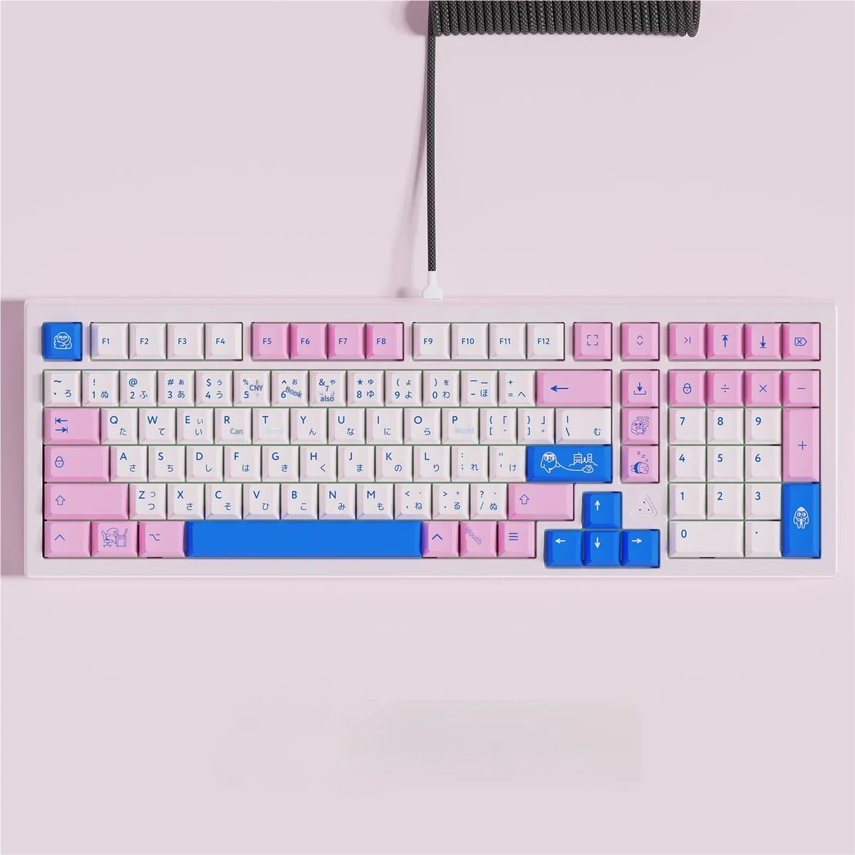 POCO Fresh Blue Pink PBT Dye-Sub Keycaps Set showcased from various angles, emphasizing the clean, minimalist aesthetic and vibrant color scheme.