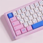 Detailed shot of POCO blue pink PBT dye-sub keycaps set, revealing the vibrant hues and minimalist style, perfect for a clean keyboard setup.