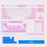 A close-up view of the POCO blue pink PBT dye-sub keycaps set, showcasing the vibrant, aesthetic from a unique angle.