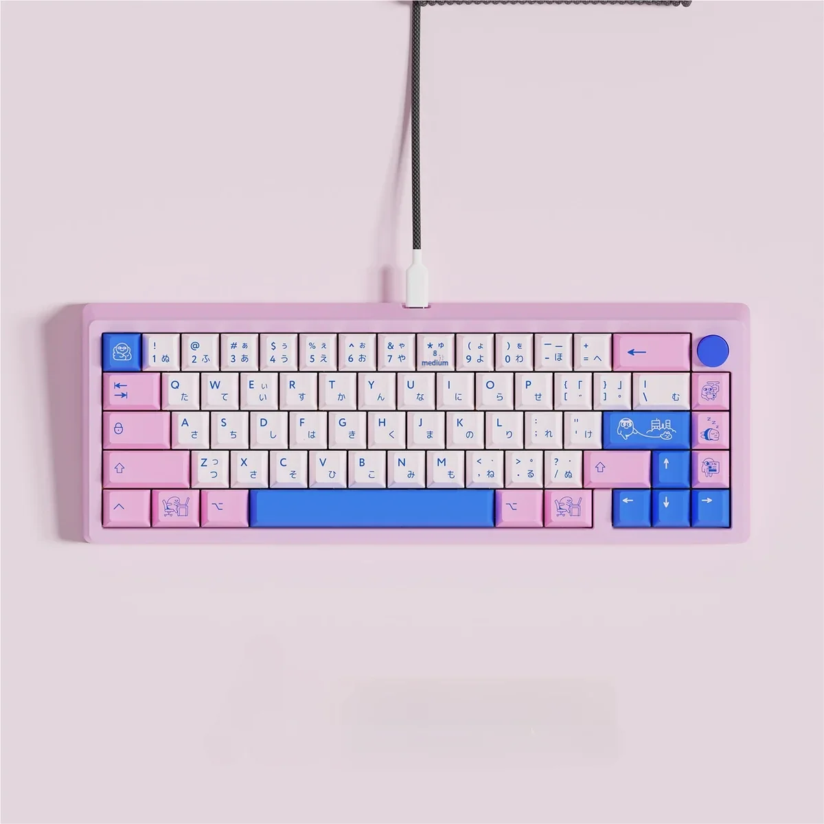 POCO Blue Pink PBT Dye-Sub Keycaps Set, showcasing its artistic, minimalist aesthetic and vibrant light blue and pink colors.