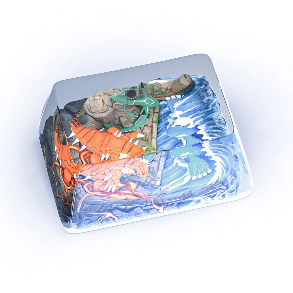 Vibrant, handcrafted Hoenn Legendary Trio Pokemon artisan keycaps, featuring Groudon, Kyogre, and Rayquaza from various artistic angles.