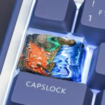 Artistic close-up of a handcrafted Hoenn Legendary Rayquaza Pokemon artisan keycap, revealing its vibrant, intricate sculpting from multiple angles.