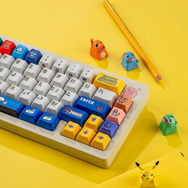 Close-up of durable Pixel Odyssey Pokemon PBT keycaps set, highlighting vibrant retro 8-bit pixel art of iconic Pokémon characters from a unique, playful setup.