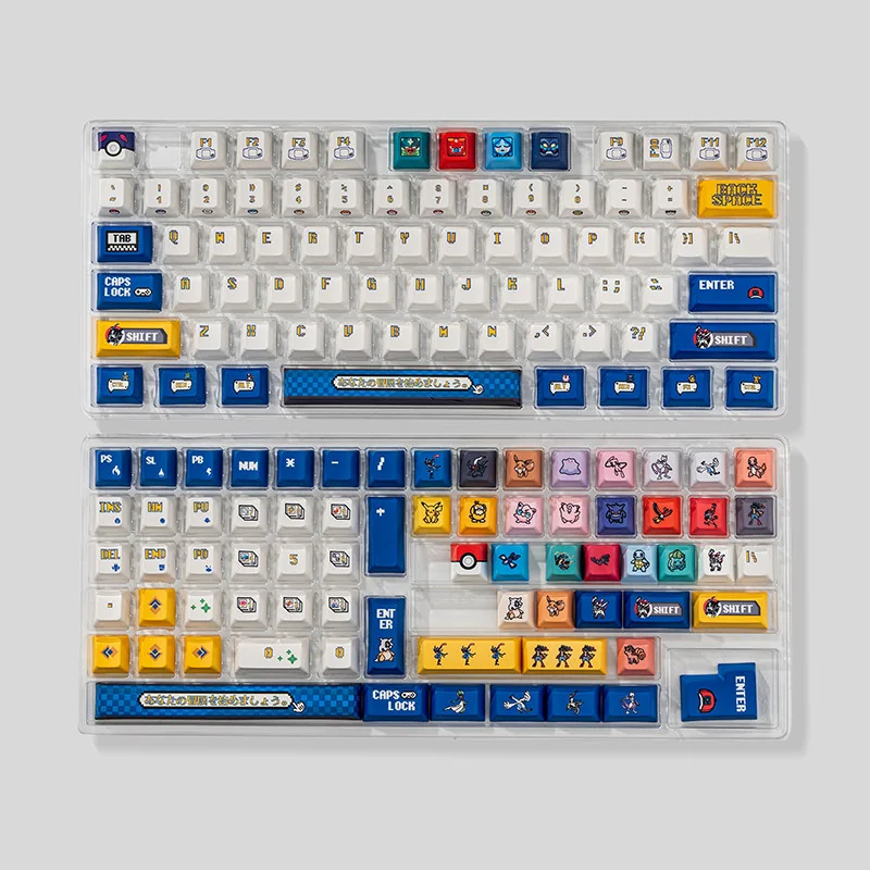 Vibrant Pixel Odyssey Pokemon PBT Keycaps (146-key set) showcasing durable PBT and retro 8-bit pixel art of iconic Pokemon from multiple angles.