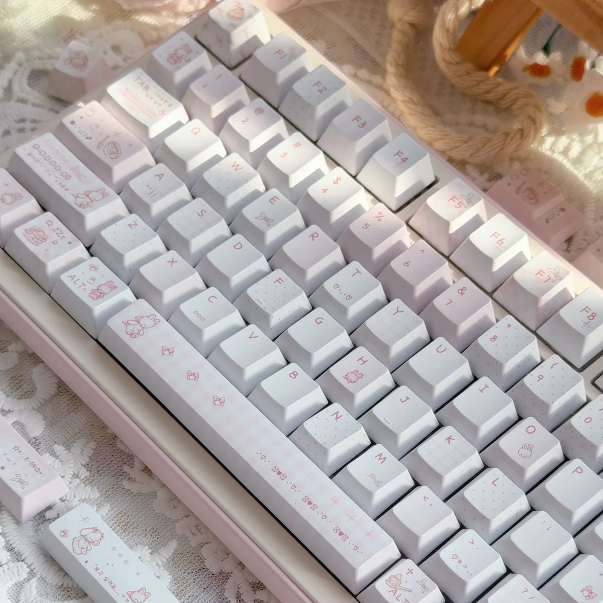 Whimsical Rabbit Bear PBT keycaps set, showcasing a unique, charming pastel story set that adds playful character to your keyboard.