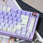 Whimsical rabbit PBT keycap set, displaying vibrant dye-sublimated art and durable quality from multiple angles, enhancing custom keyboard aesthetics.