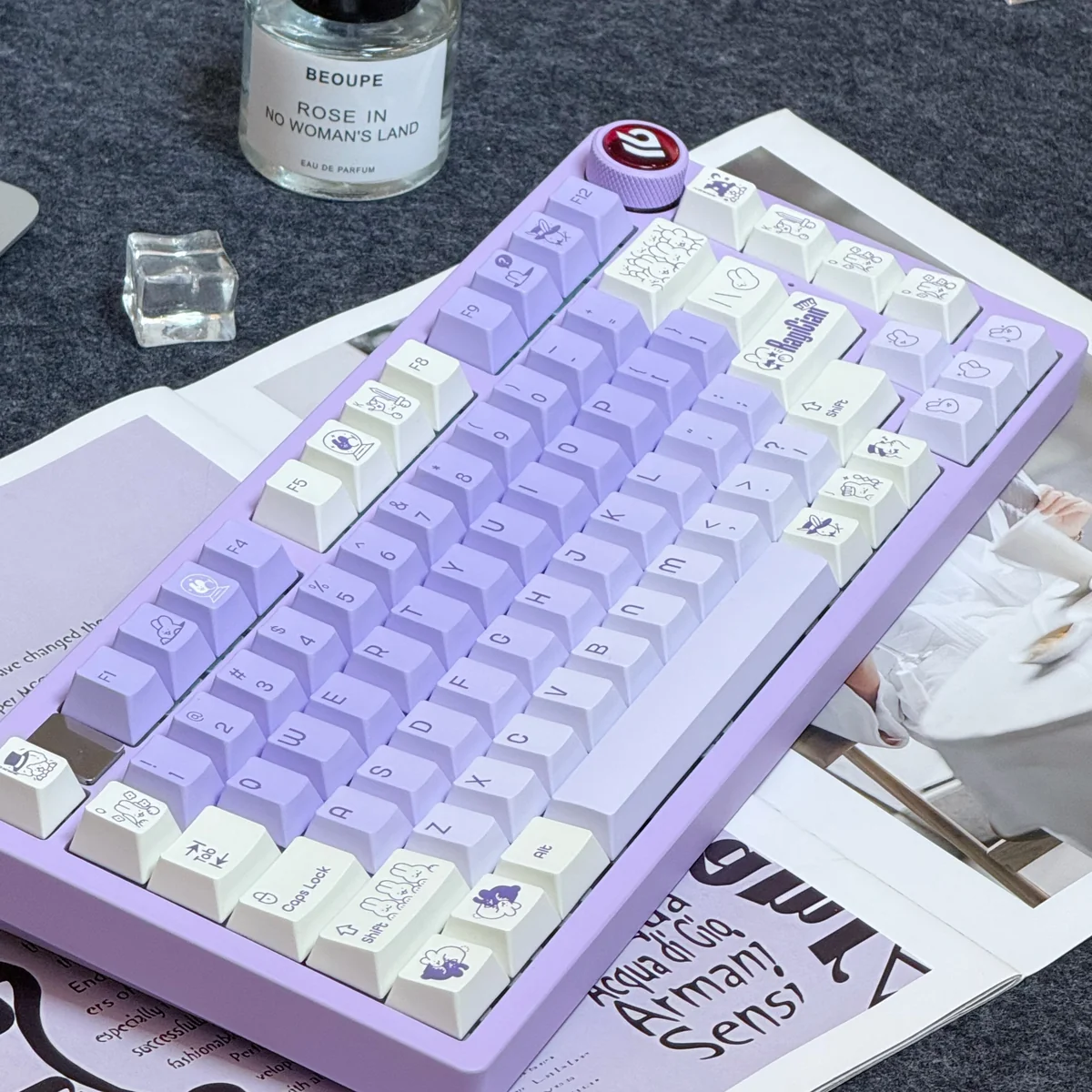 Main image of the artistic Whimsical Rabbit PBT keycap set, highlighting durable PBT and vibrant dye-sublimated charming rabbit designs.