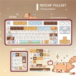 Raccoon MAO PBT keycaps set with whimsical designs, showcasing unique MAO profile and durable texture from various angles for MX compatible keyboards.