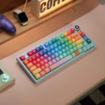 Vibrant Rainbow PBT Keycap Set. Multiple angles show smooth matte finish, dye-sublimated durability for joyful typing.