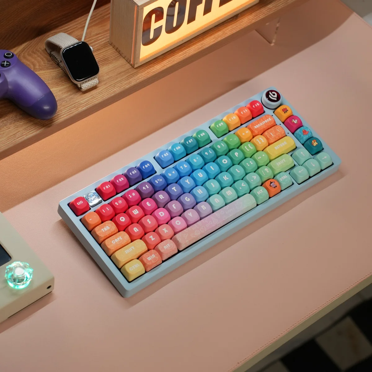 Vibrant Rainbow PBT Keycap Set. Multiple angles show smooth matte finish, dye-sublimated durability for joyful typing.