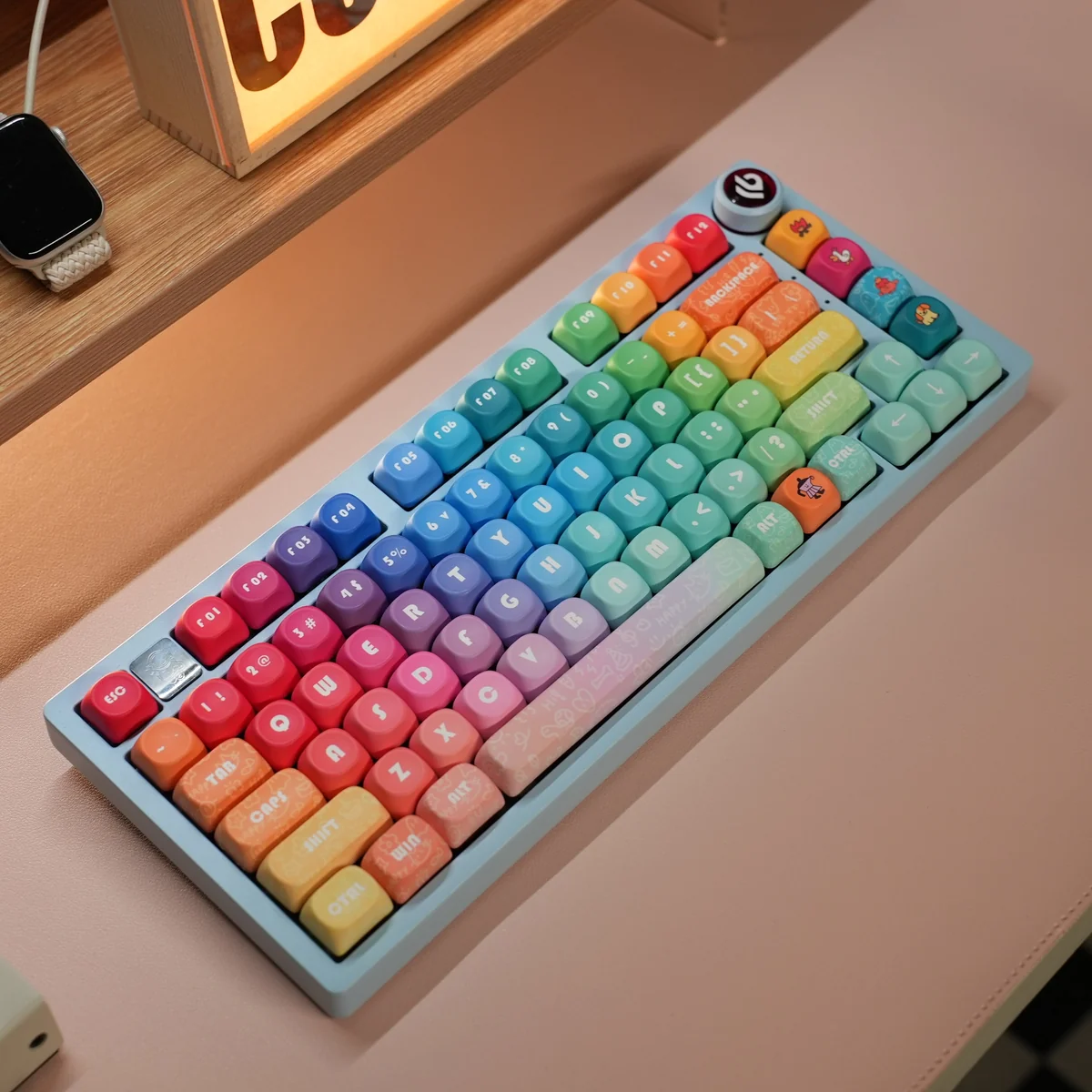 Vibrant rainbow PBT keycaps set from various angles, highlighting their smooth ergonomic profile and durable dye-sublimated finish for joyful typing.