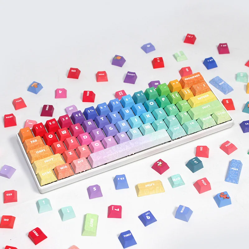 A collection of vibrant Rainbow PBT Keycaps Set, showcasing their ergonomic design and dye-sublimated durability from multiple angles.