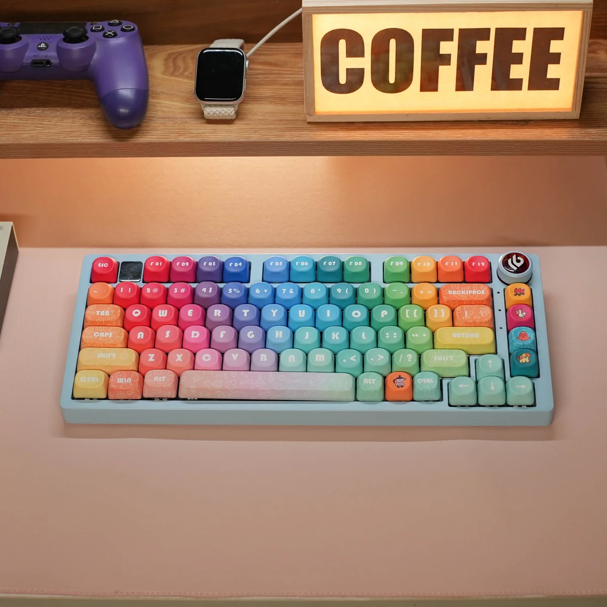 Vibrant Rainbow PBT Keycaps set featuring an ergonomic profile, showcasing dye-sublimated durability and a smooth matte finish for joyful typing.