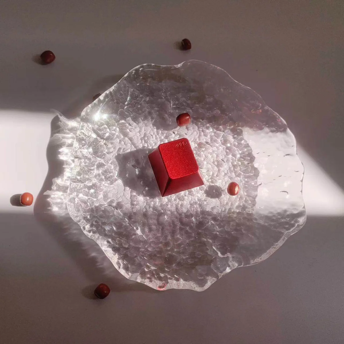 Gallery of premium Red Artisan Keycap, highlighting its vibrant design and exquisite metallic finish from multiple perspective view.