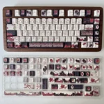 Elegant Red & Black Rose PBT Dye-Sub Keycap Set, showcasing the intricate gothic floral design and durable PBT material from a dynamic angle.