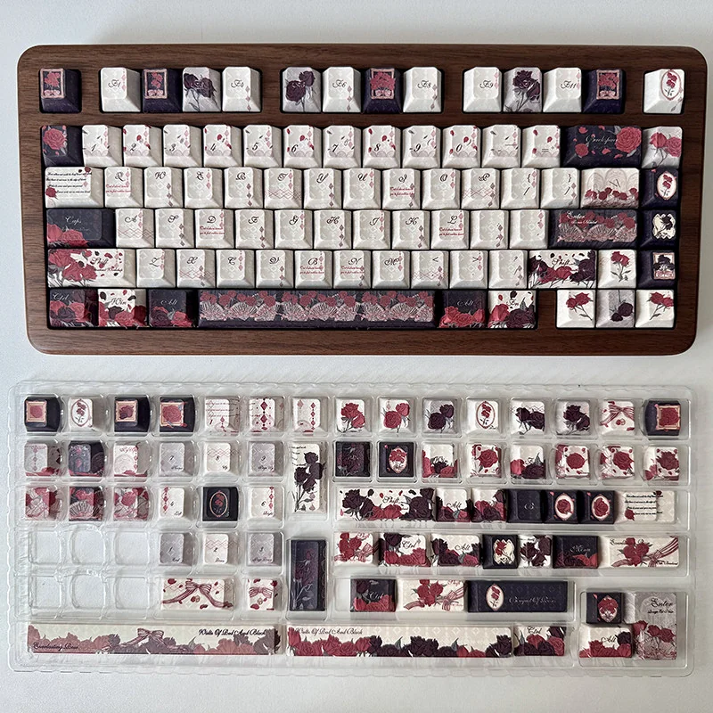 Elegant Red & Black Rose PBT Dye-Sub Keycap Set, showcasing the intricate gothic floral design and durable PBT material from a dynamic angle.
