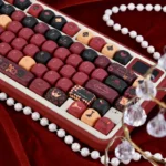 Stunning Red Heart Queen PBT Dye-Sub MOA keycaps set from multiple angles, showcasing regal red and black card suit designs.