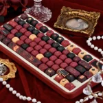 Regal Red Heart Queen PBT Dye-Sub MOA keycaps set, showcasing red and black designs and intricate card suits from multiple angles.