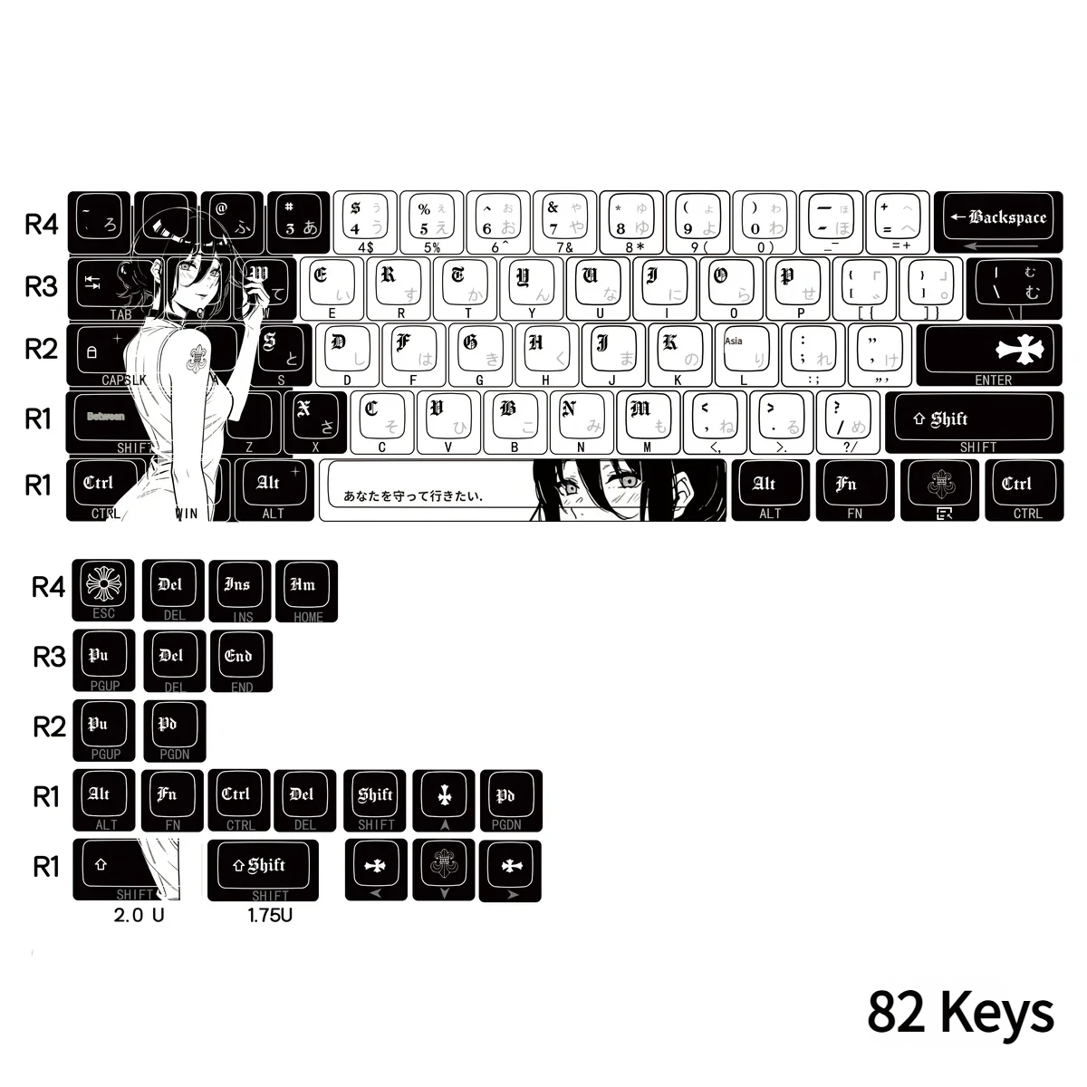 Close-up of the Reze Chrome Hearts side-lit PBT keycap set, highlighting its dark gothic anime art and luxurious side-translucent key details.