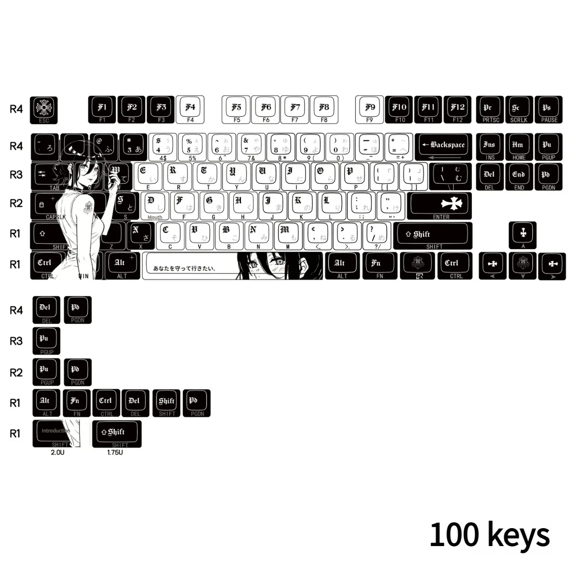 Reze Chrome Hearts Side-Lit PBT Keycap Set, close-up of translucent PBT keys, highlighting gothic anime art and luxury Chrome Hearts motifs.