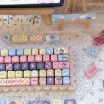 Vibrant Rikka Takanashi anime keycaps set, a whimsical MOA set, displayed from multiple angles. Features playful character art and delicate floral accent.