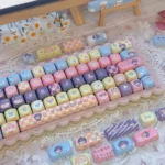 Artistic detail shot of the vibrant Rikka Takanashi anime MOA keycap set, highlighting whimsical iconography and colorful character illustrations.