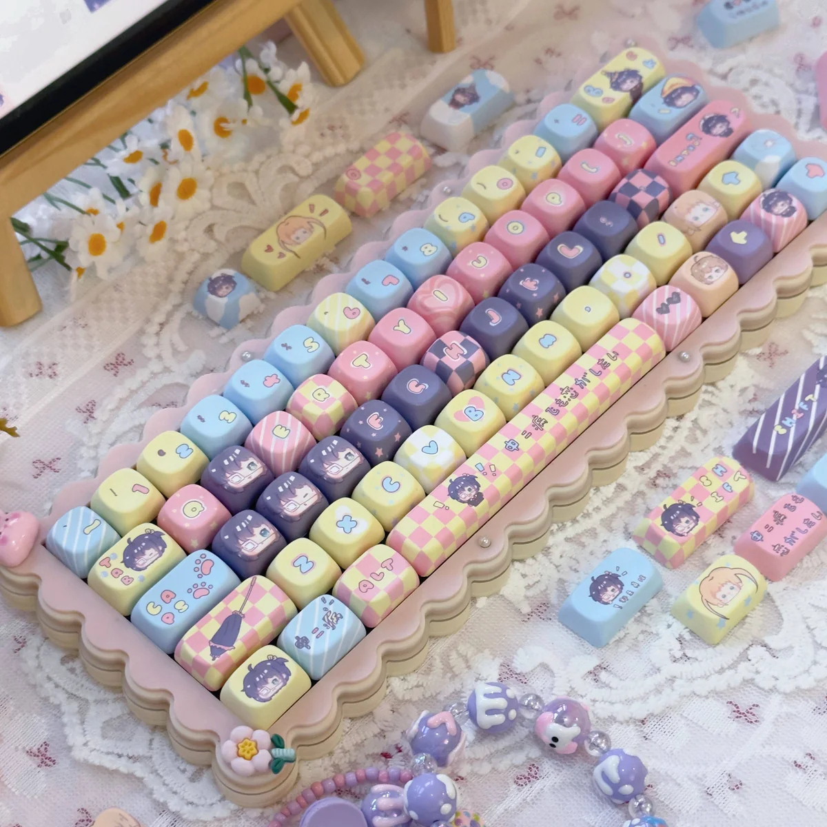 Vibrant Rikka Takanashi Anime Keycaps set, featuring whimsical character art, delicate floral accents, and playful icons on MOA profile keys, an artistic design.