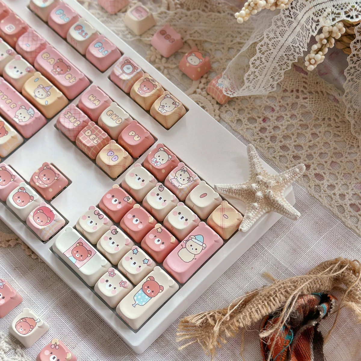 Close-up of the Rilakkuma MOA profile PBT keycaps set, showcasing pastel colors and whimsical character details from a unique angle.