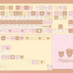 Whimsical official Rilakkuma MOA profile PBT keycaps set, detailed from multiple perspectives, showcasing durable PBT and cozy pastel characters.