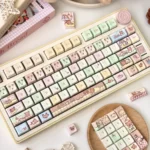 Rilakkuma and Kaoru: Rilakkuma Series Keycap Set featuring adorable characters in multiple profiles, playfully displayed from a cozy angle, emphasizing its completeness.