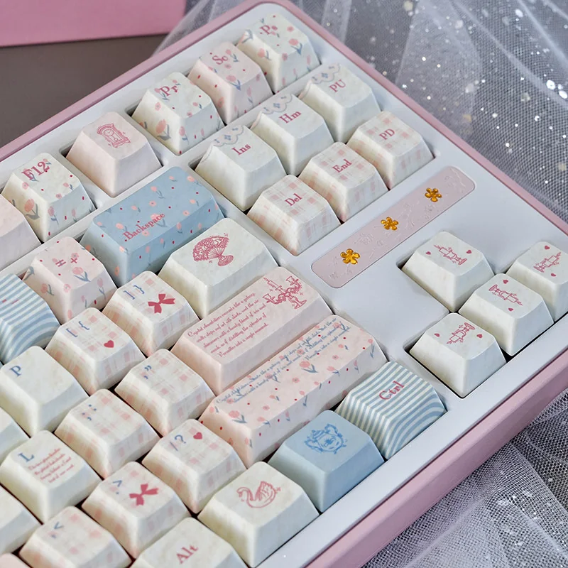 Rococo PBT Dye-Sub keycap set, showcasing multiple keys with delicate pastel floral patterns and ornate scrollwork, ready for an opulent keyboard.
