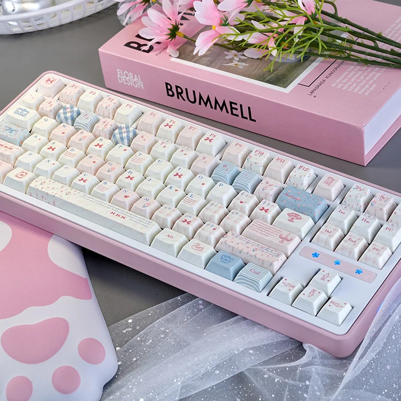 Elegant Rococo PBT Dye-Sub keycap set showcasing intricate pastel scrollwork and floral motifs from a unique angle, perfect for opulent keyboards.