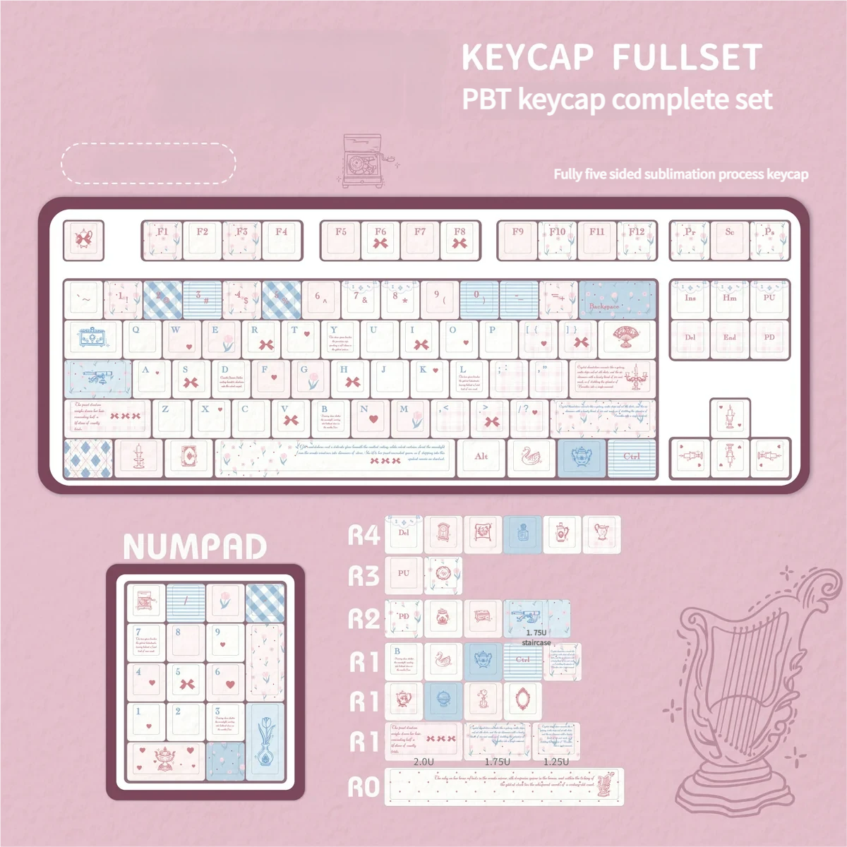 Elegant Rococo PBT dye-sub keycap set, detailed view highlighting ornate pastel designs, intricate scrollwork, and natural motifs for opulent keyboard.