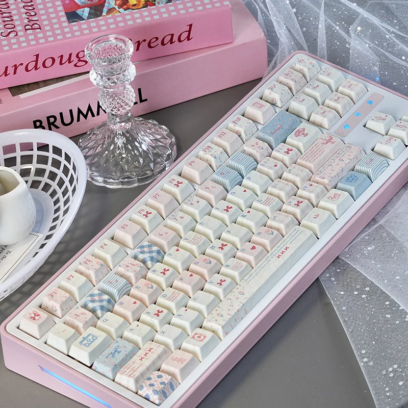 Elegant Rococo PBT Dye-Sub Keycap Set displayed, featuring ornate pastel designs, intricate scrollwork, and natural motifs for an opulent keyboard.