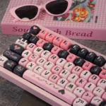 Sweetheart Black Pink Romantic PBT Keycaps Set, MOA profile, shown from multiple angles. Durable PBT brings a charming, sweet, playful aesthetic to your keyboard.