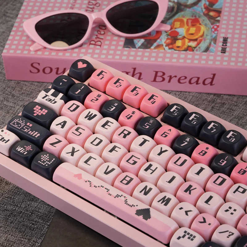 Sweetheart Black Pink Romantic PBT Keycaps Set, MOA profile, shown from multiple angles. Durable PBT brings a charming, sweet, playful aesthetic to your keyboard.