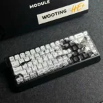 Unique Samurai Ronin PBT Keycaps set: an artistic samurai journey. Multiple views reveal intricate monochromatic character art and minimalist accent.