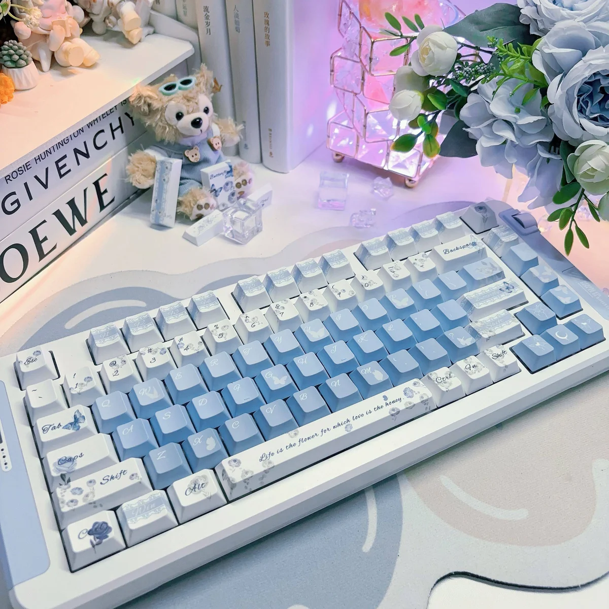 Elegant Rose Butterfly PBT Dye-Sub Keycap Set, revealing durable PBT material and intricate rose and butterfly designs from a detailed, artistic angle.