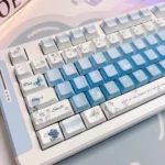 Detailed angle of the durable PBT Dye-Sub rose butterfly keycaps set, highlighting the elegant, nature-inspired roses and graceful butterflies with artistic design.