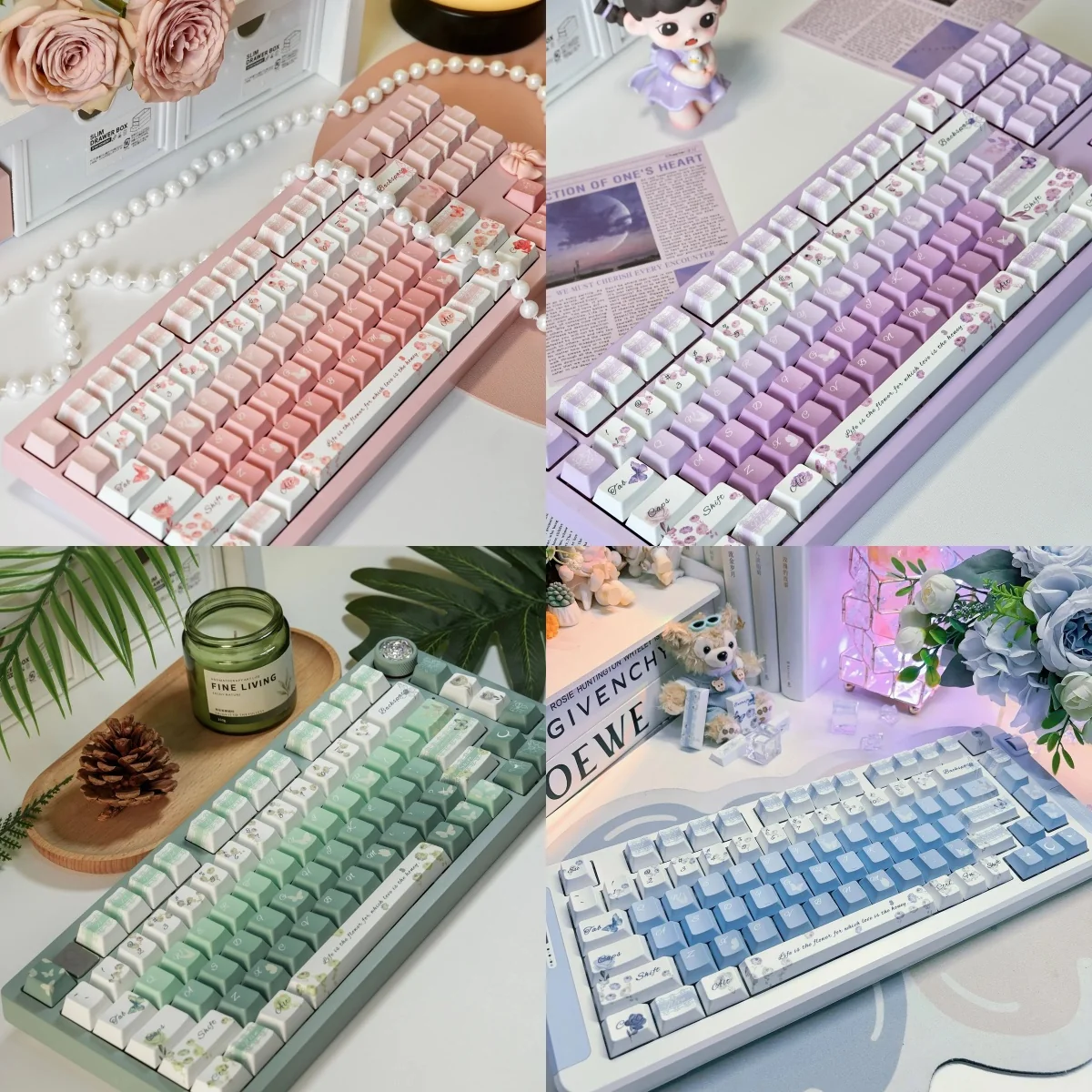 Elegant Rose Butterfly PBT Dye-Sub Keycap Set. Durable PBT keycaps displaying delicate roses and graceful butterflies, an artistic nature theme.
