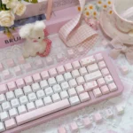 Rose Whisper PBT Dye-sub keycap set displayed from various angles, highlighting delicate rose motifs and soft romantic hues for an exquisite, serene design.