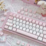 Exquisite Rose Whisper PBT Dye-sub Rose Keycap Set, showcasing delicate rose motifs and soft romantic hues from multiple artistic angles for a serene design.