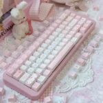 Rose Whisper PBT Dye-sub Rose Keycap Set, showcasing delicate rose motifs and soft romantic hues. Brings botanical elegance to a serene desktop setup.